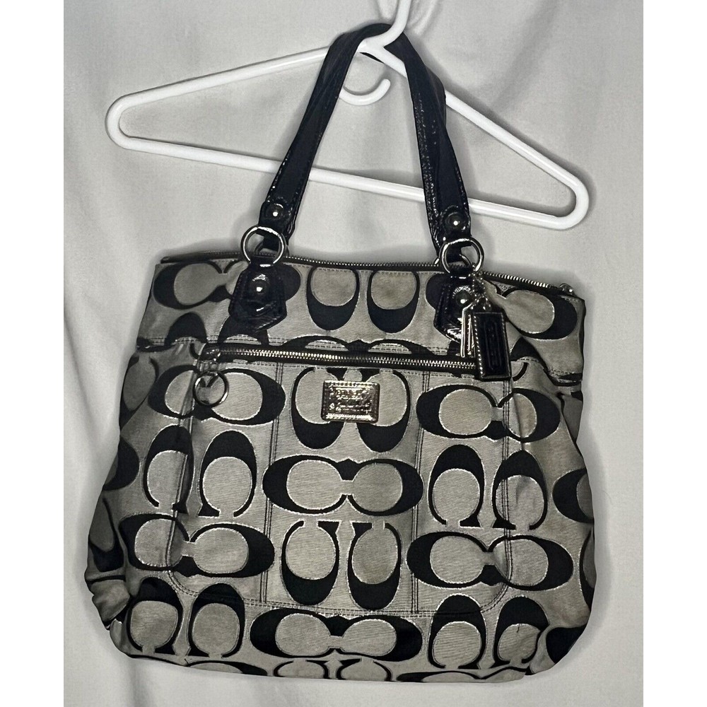 Coach “C” Purse Tote Shoulder Bag Large Gray Purple Interior